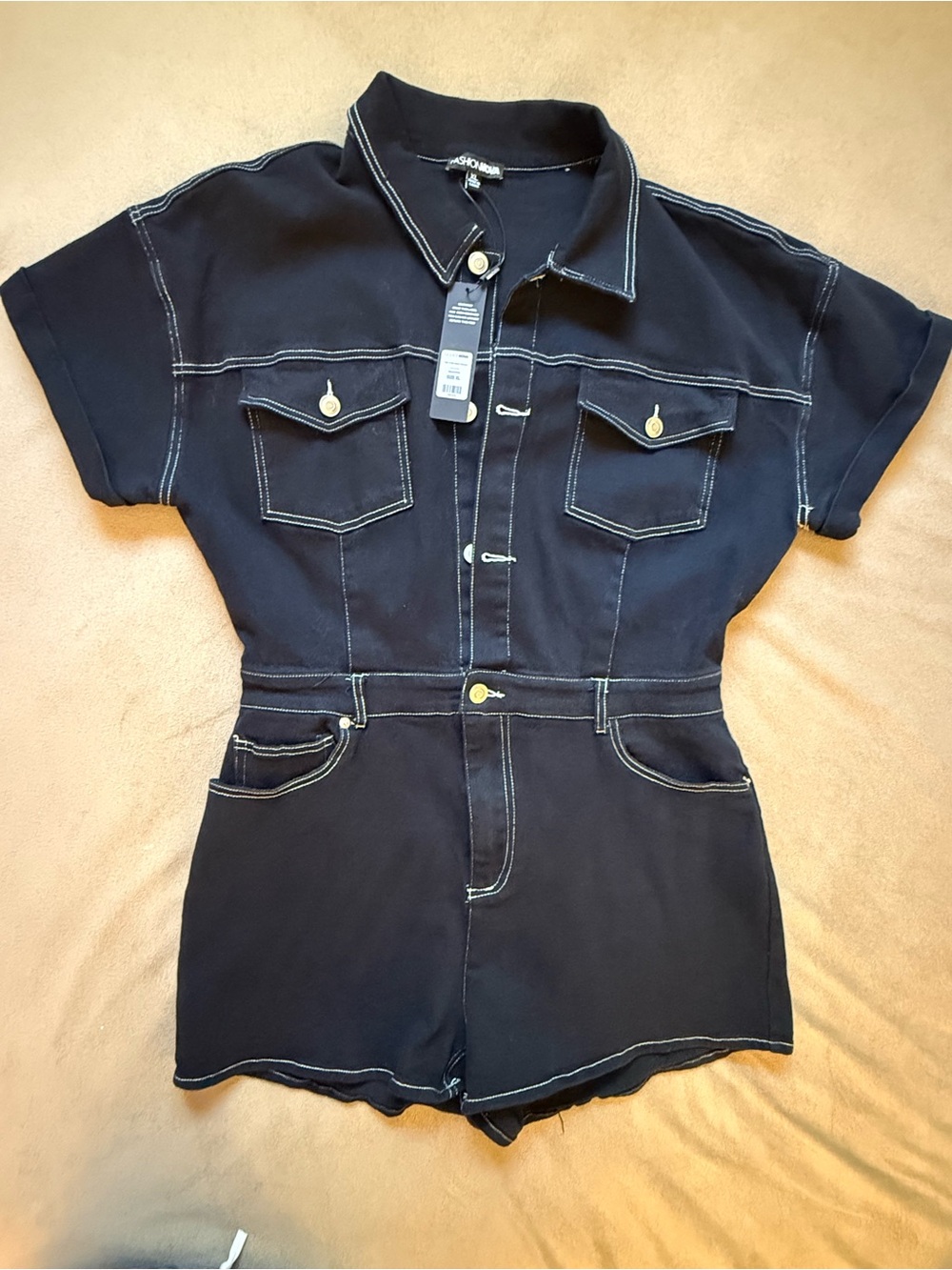 Fashion Nova Black Short Sleeve Denim Romper with Contrast Stitching